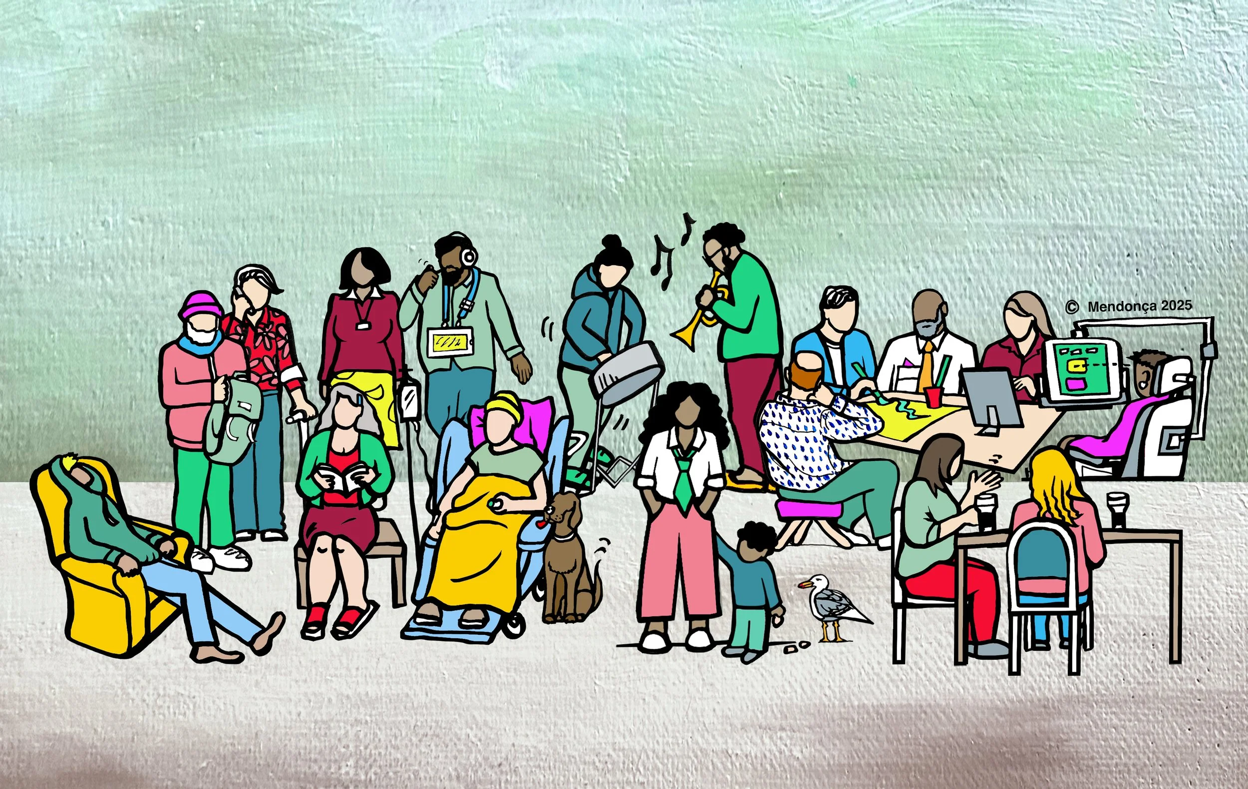 Colorful illustration of a diverse group of people in a creative workspace, engaging in various activities such as reading, using computers, playing music, and socializing, with a green textured background.