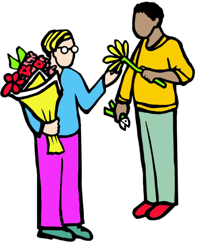 A person giving flowers and a gift to another person who is holding a bouquet of flowers.