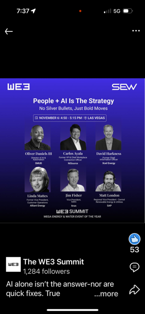 Digital flyer for the WE3 Summit event with speakers Oliver Daniels III, Carys Ayala, David Harkness, Linda Mattes, Jim Fisher, and Matt London, held on November 6 in Las Vegas.