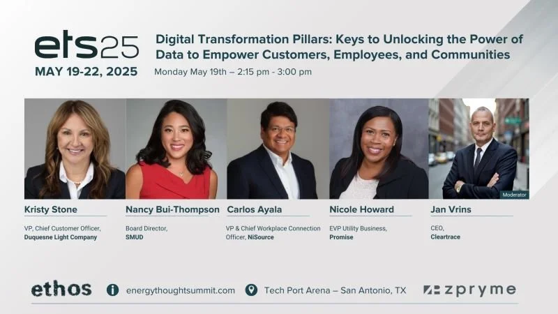 Conference banner for ETHOS 25 digital transformation summit, May 19-22, 2025, at the Tech Port Arena in San Antonio, Texas, featuring five speakers with their names and titles, and logos of ETHOS and Zpryme.
