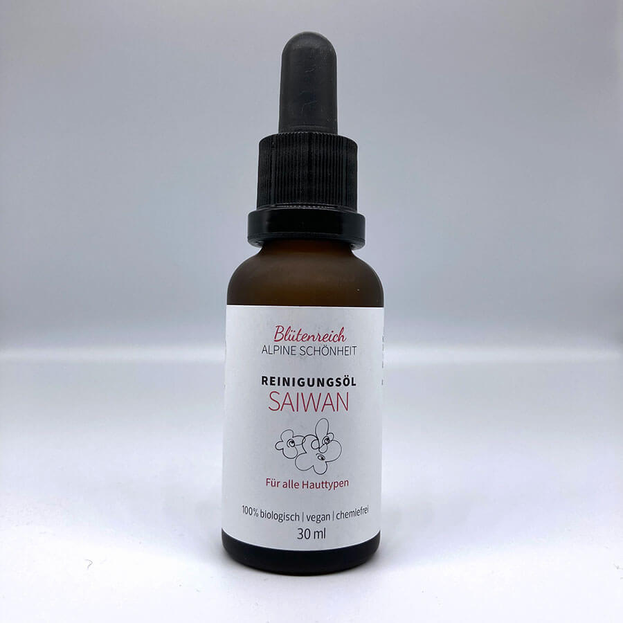 Braune Flasche mit Tropfer, Etikett mit Blumenillustration, Produkt für Hautpflege, 30 ml.