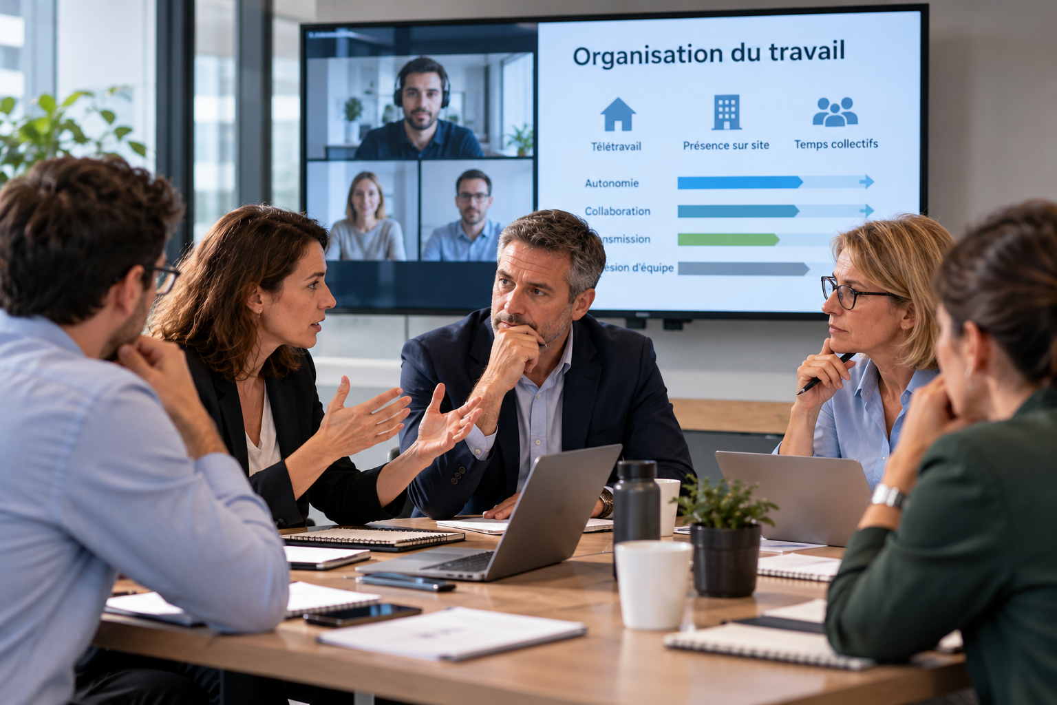 Réunion d’équipe autour du télétravail et de l’organisation hybride, avec visioconférence et présentation sur la présence, l’autonomie et la cohésion d’équipe.