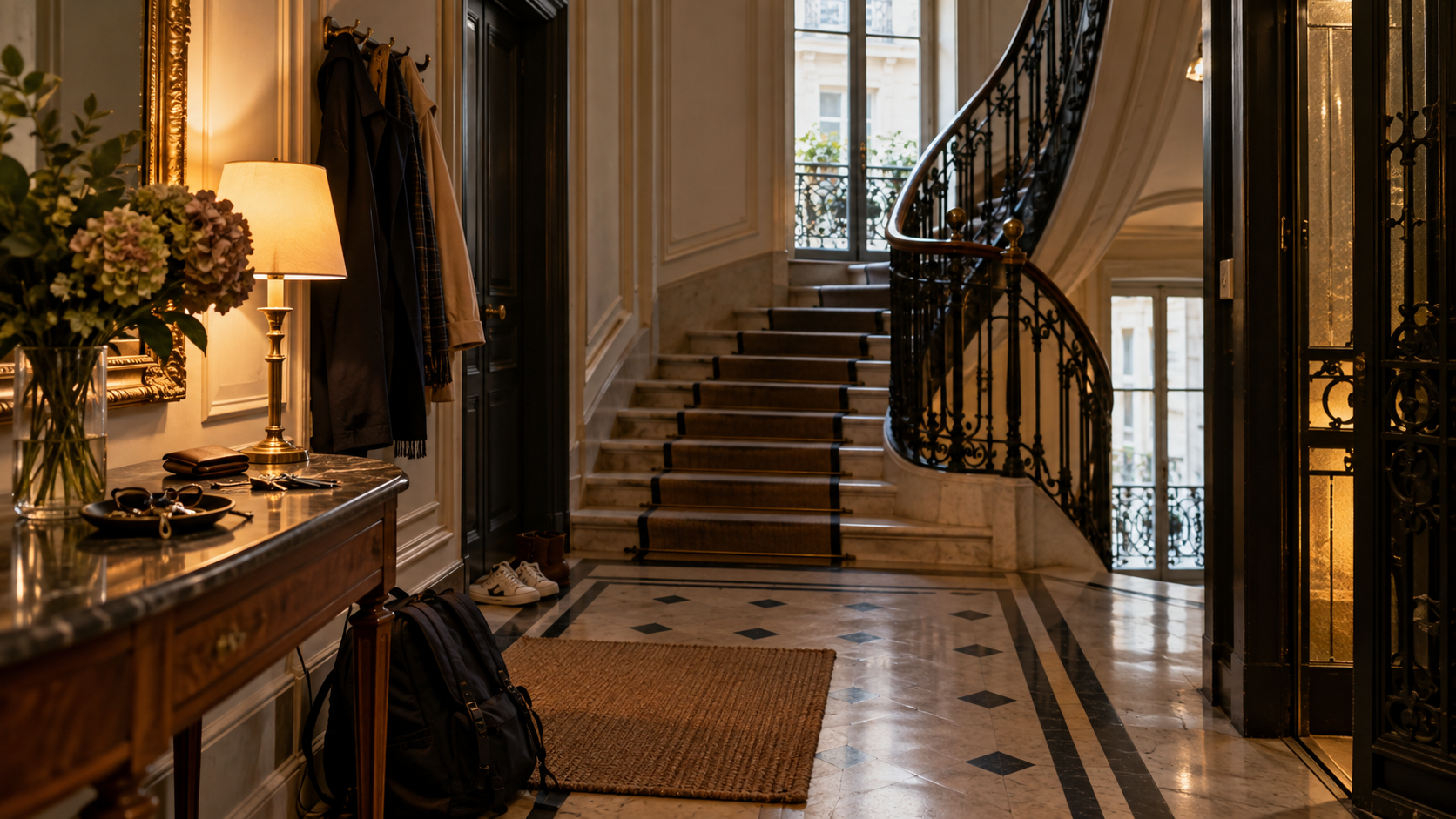 Hall d’un immeuble bourgeois avec escalier, manteaux, sacs et jeux de clés