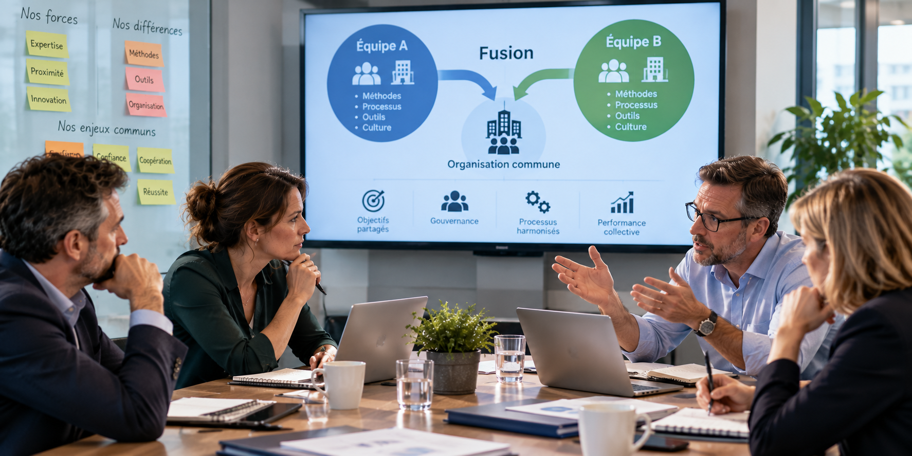 Réunion de travail entre deux équipes en cours de fusion, avec un schéma montrant leur regroupement au sein d’une organisation commune.