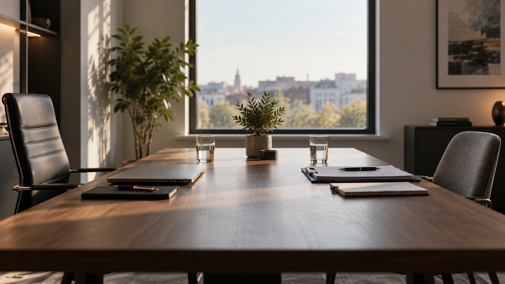 Salle de réunion avec deux fauteuils face à face, ordinateur, dossiers et verres d’eau, évoquant un échange entre un manager et un collaborateur.