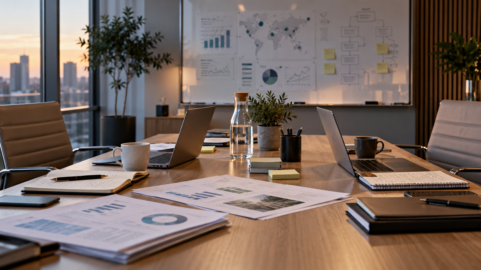 Salle de réunion avec deux postes de travail et documents de transformation commerciale, évoquant une tension entre management du changement, autonomie et reconnaissance.