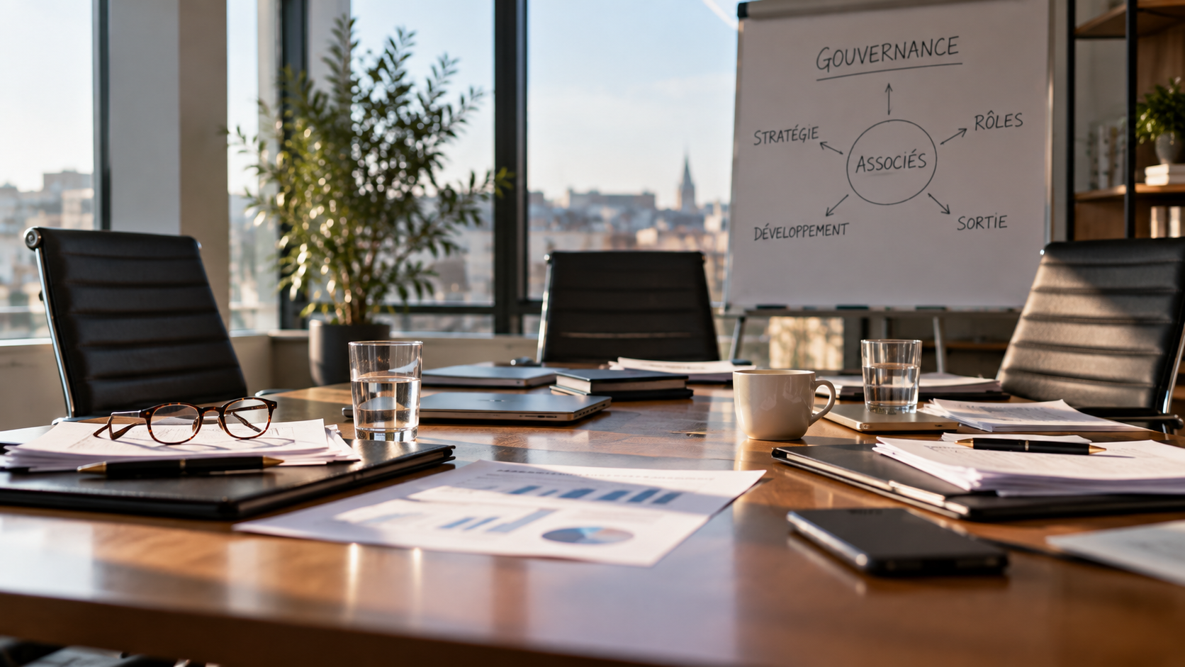 Salle de réunion avec documents de travail et tableau de gouvernance mentionnant les associés, la stratégie, les rôles et les options de sortie.