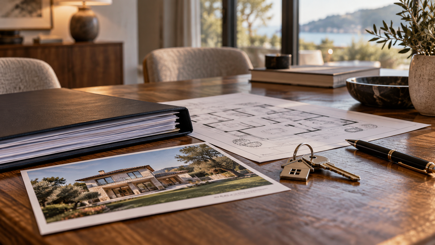Dossier de vente immobilière suspendue avec plan, clés et photographie du bien