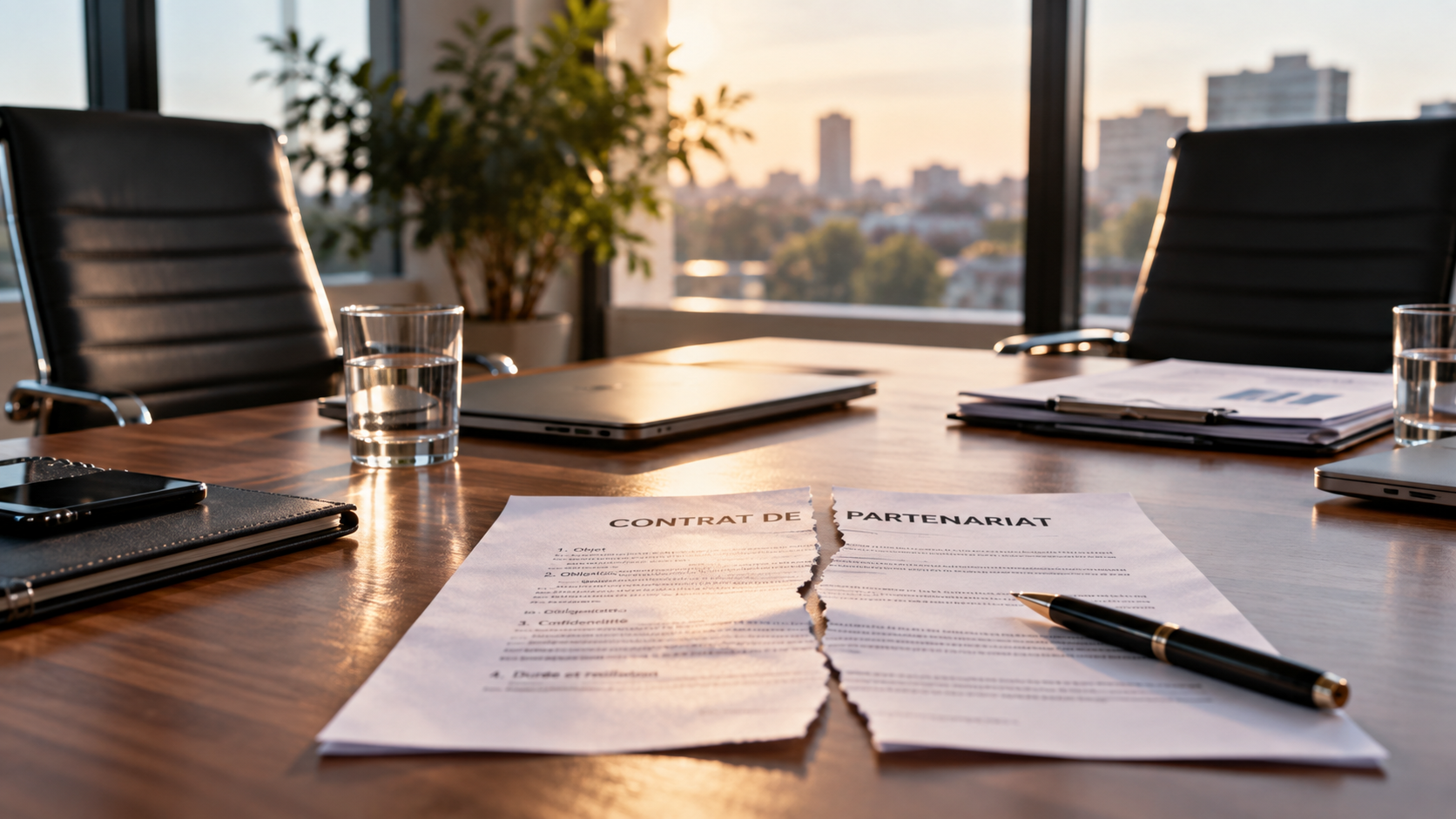 Contrat de partenariat déchiré sur une table de réunion, entouré de dossiers et d’ordinateurs, évoquant la rupture d’une relation commerciale.