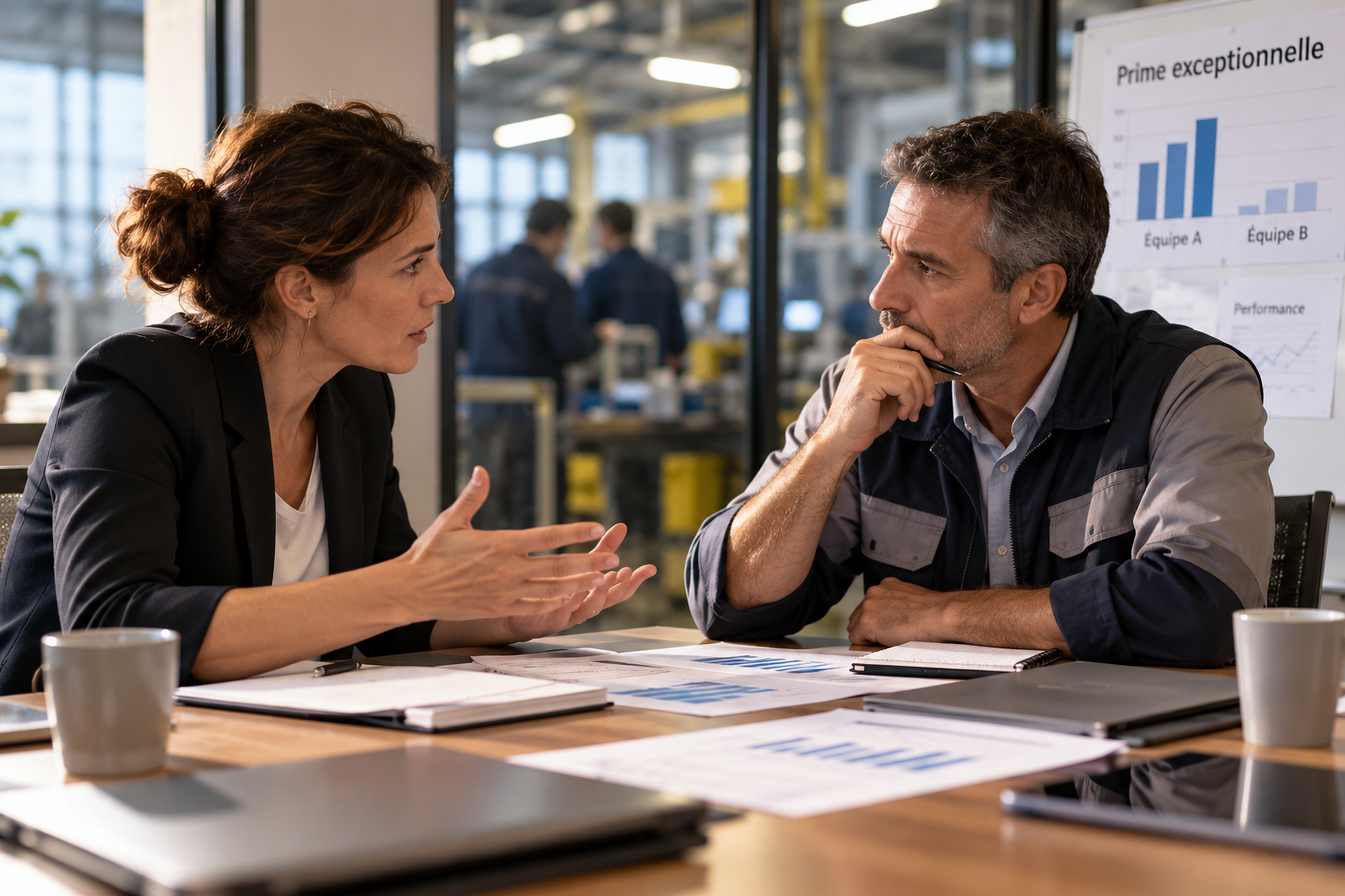 Deux managers échangent autour de graphiques de performance et d’un tableau comparant deux équipes dans le cadre d’une prime exceptionnelle.