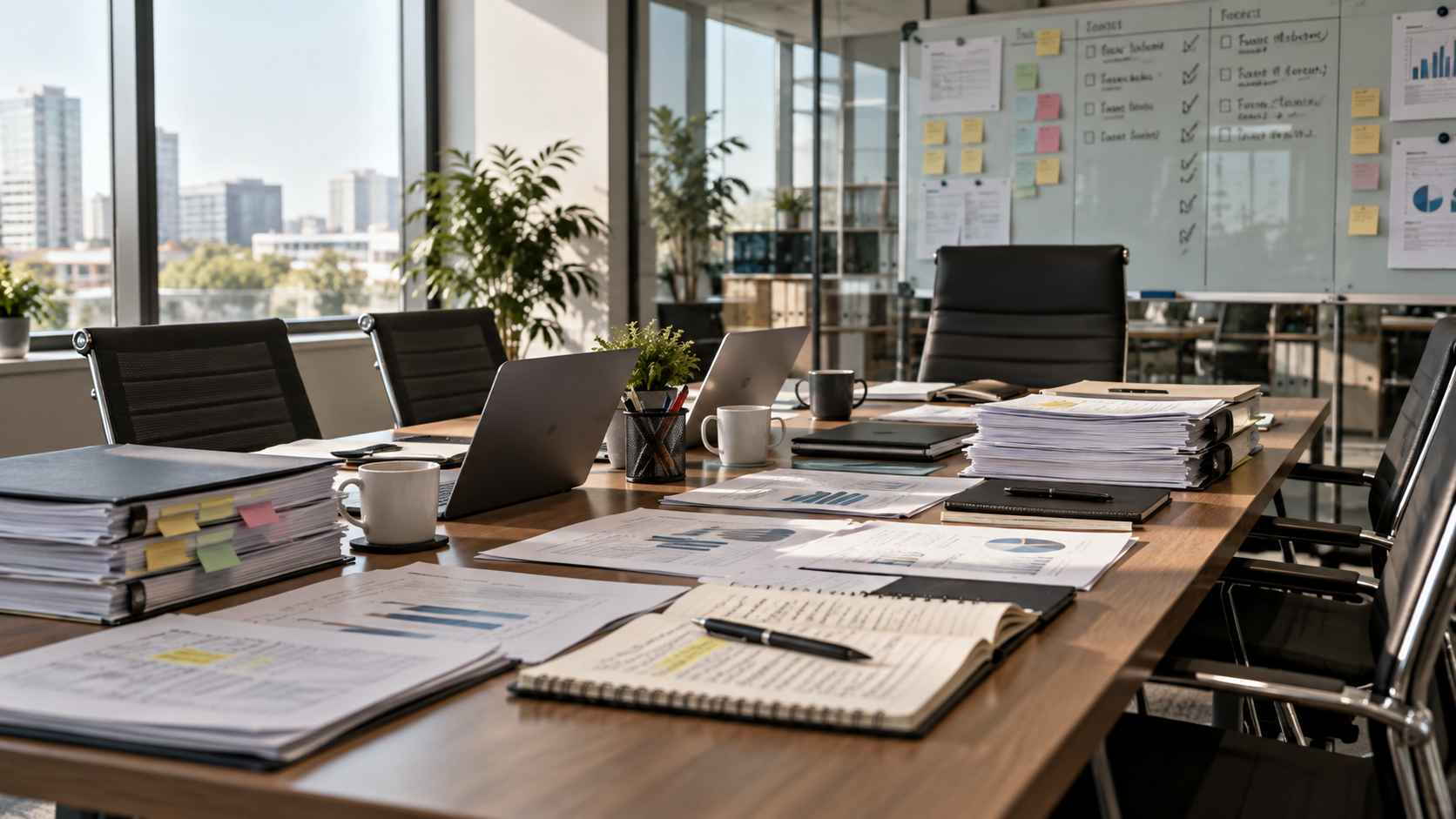 Je proposerais : « Salle de réunion avec dossiers, ordinateurs, notes et tableaux de suivi, évoquant une organisation soumise à un management très contrôlant.