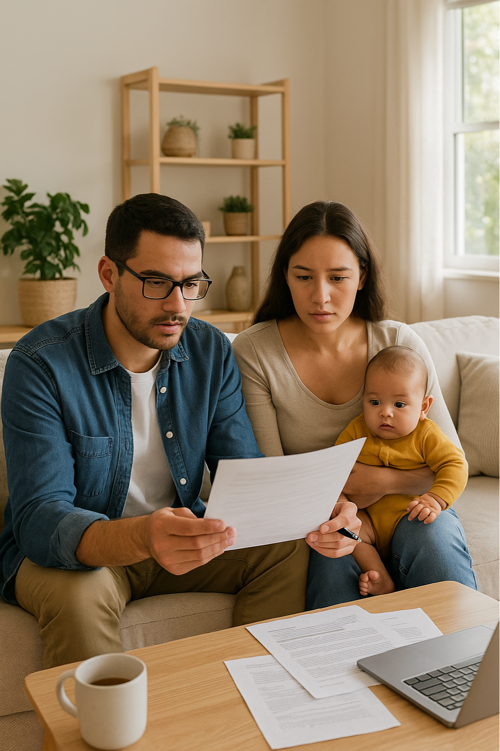 A family of three sitting on a beige couch looking at papers, with a laptop and a coffee mug on the table in front of them. The man has glasses and is holding a paper, the woman holds their baby who is looking at the papers.