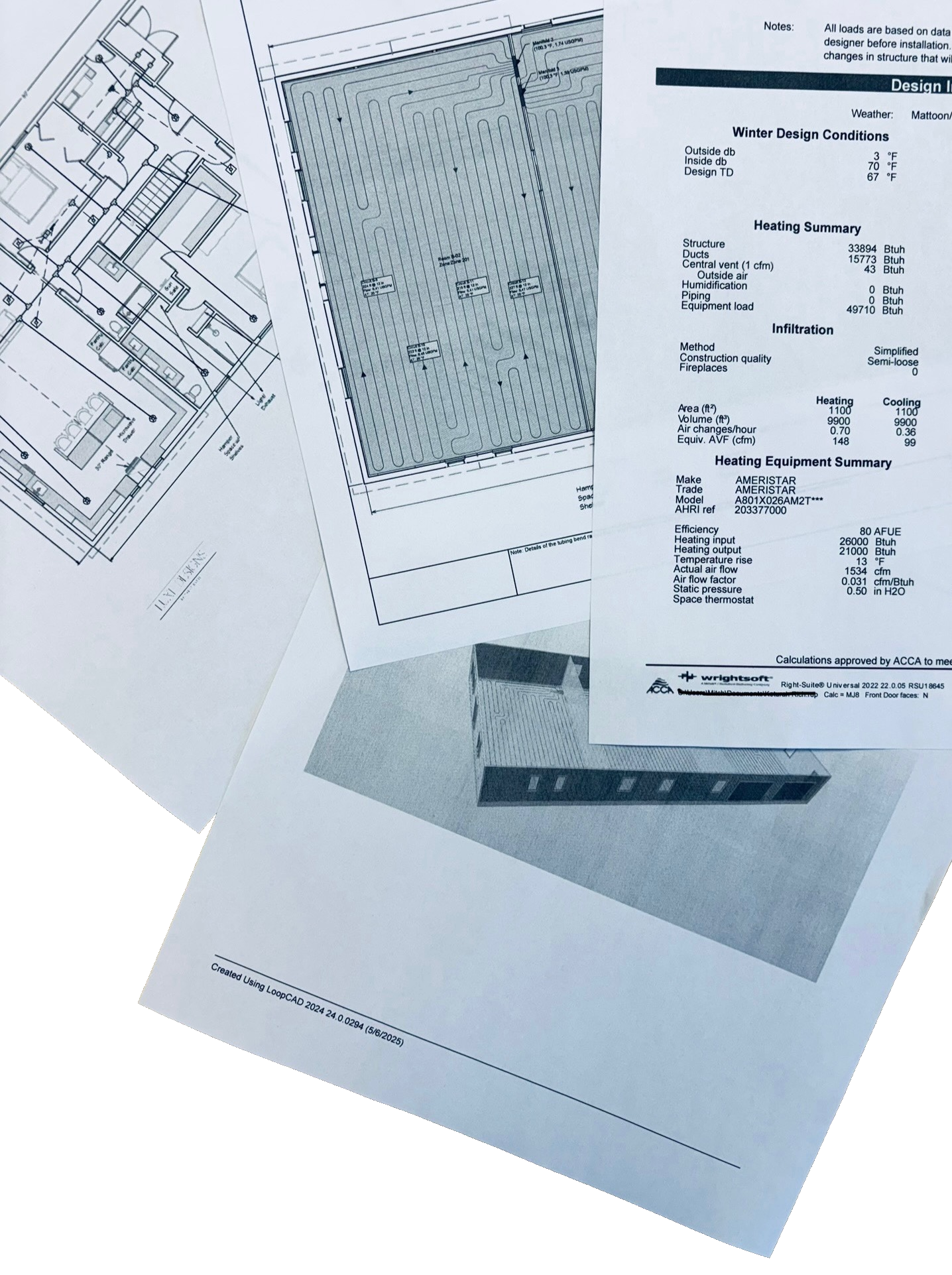 Engineering blueprints and design plans for a building or facility, including a detailed schematic, technical specifications, and a 3D model render. HVAC hydronic ductwork design layout calculation furnace indoor coil air conditioner pex floor heat