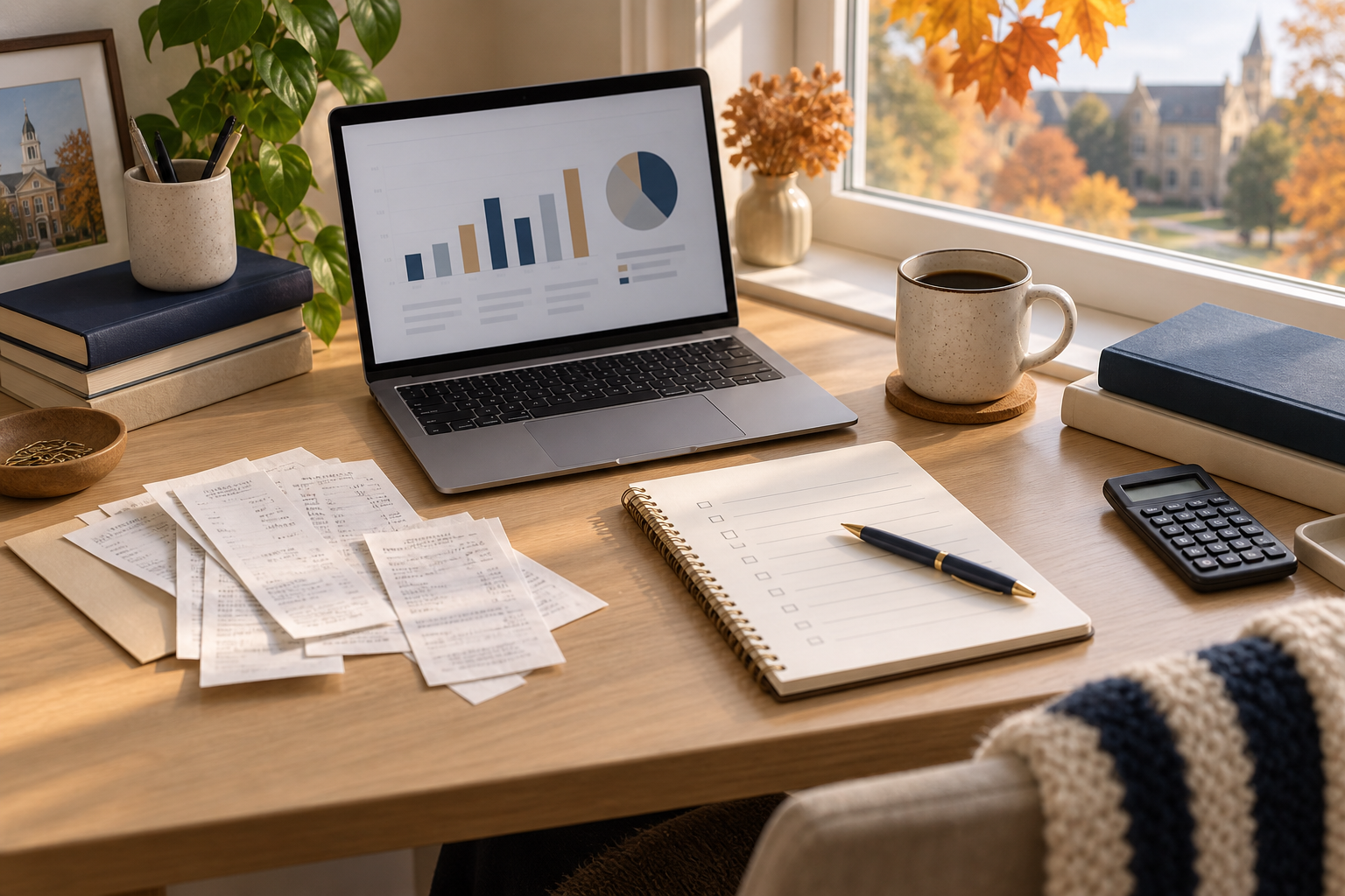 An autumn desk with a laptop, education receipts, a checklist, and coffee for a year-end 529 review.
