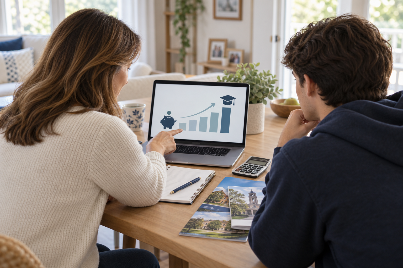 A parent and student review education planning information together at a laptop.
