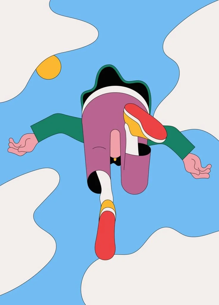 Illustrazione astratta di una figura umana stilizzata con colori vivaci, in posizione di caduta o volo tra nuvole e un cielo con il sole.