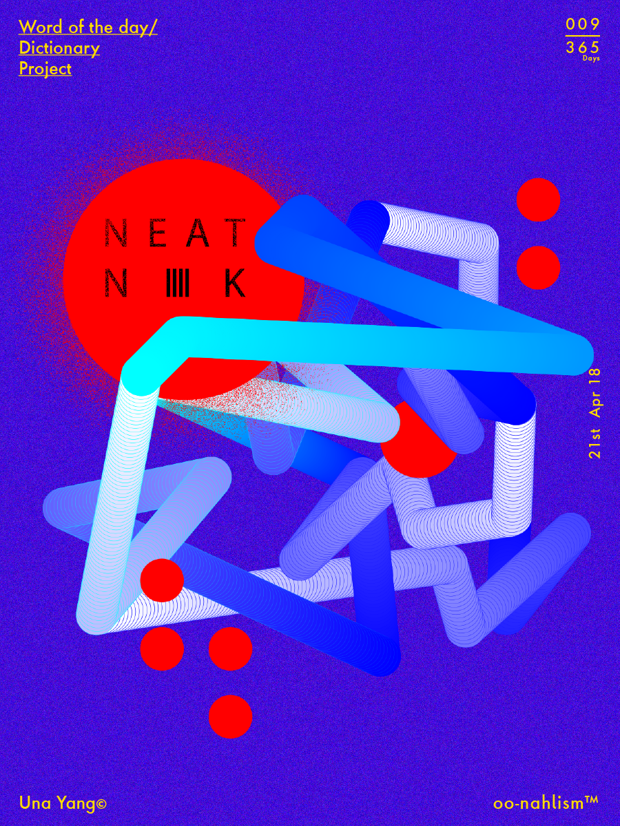 Abstract digital artwork for the word of the day, 'N E A T N I K,' featuring interconnected blue and white tubular shapes on a purple background with red circles, yellow text, and the date April 21st.