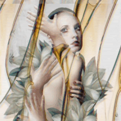 Abstract artwork of a woman with pale skin, dark eyes, and white hair, surrounded by golden and light-colored vertical lines and floral elements.