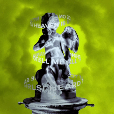A sculpture of a child and a dog on a pedestal with text fragments overlapping them, against a green background.