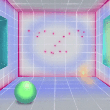 A green billiard ball in a neon-lit, futuristic game room with pink and purple glowing walls and screen displays on the sides, with red dots forming a pattern on the back wall.
