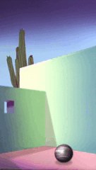A minimalist painting of a desert landscape with a cactus, a pastel-colored wall, and a metallic ball on the ground.