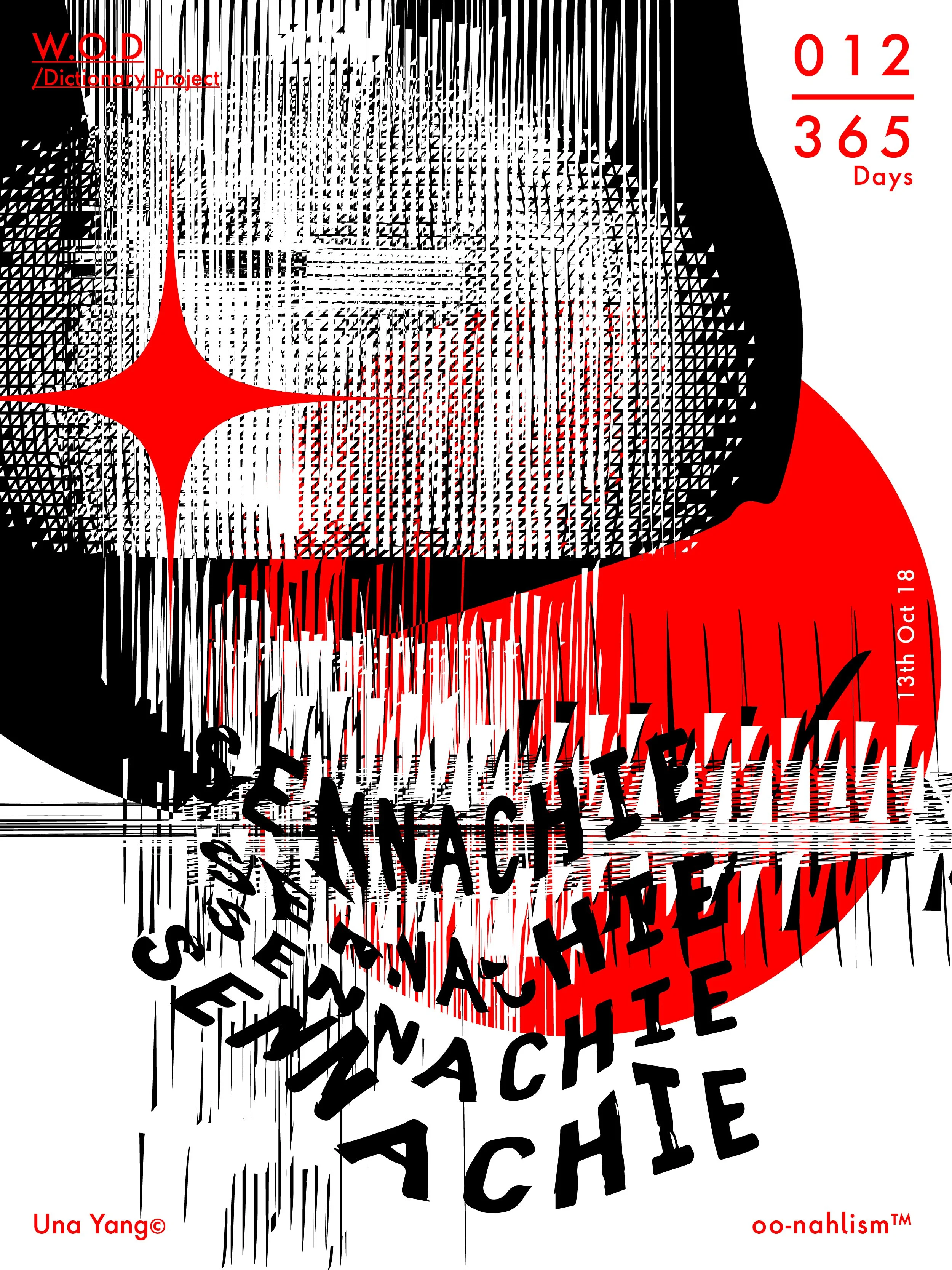 A stylized poster with a black, white, and red color scheme, featuring a large pixelated smiley face with sharp lines, surrounded by abstract geometric shapes and text, including 'O12/365 Days' and event details.
