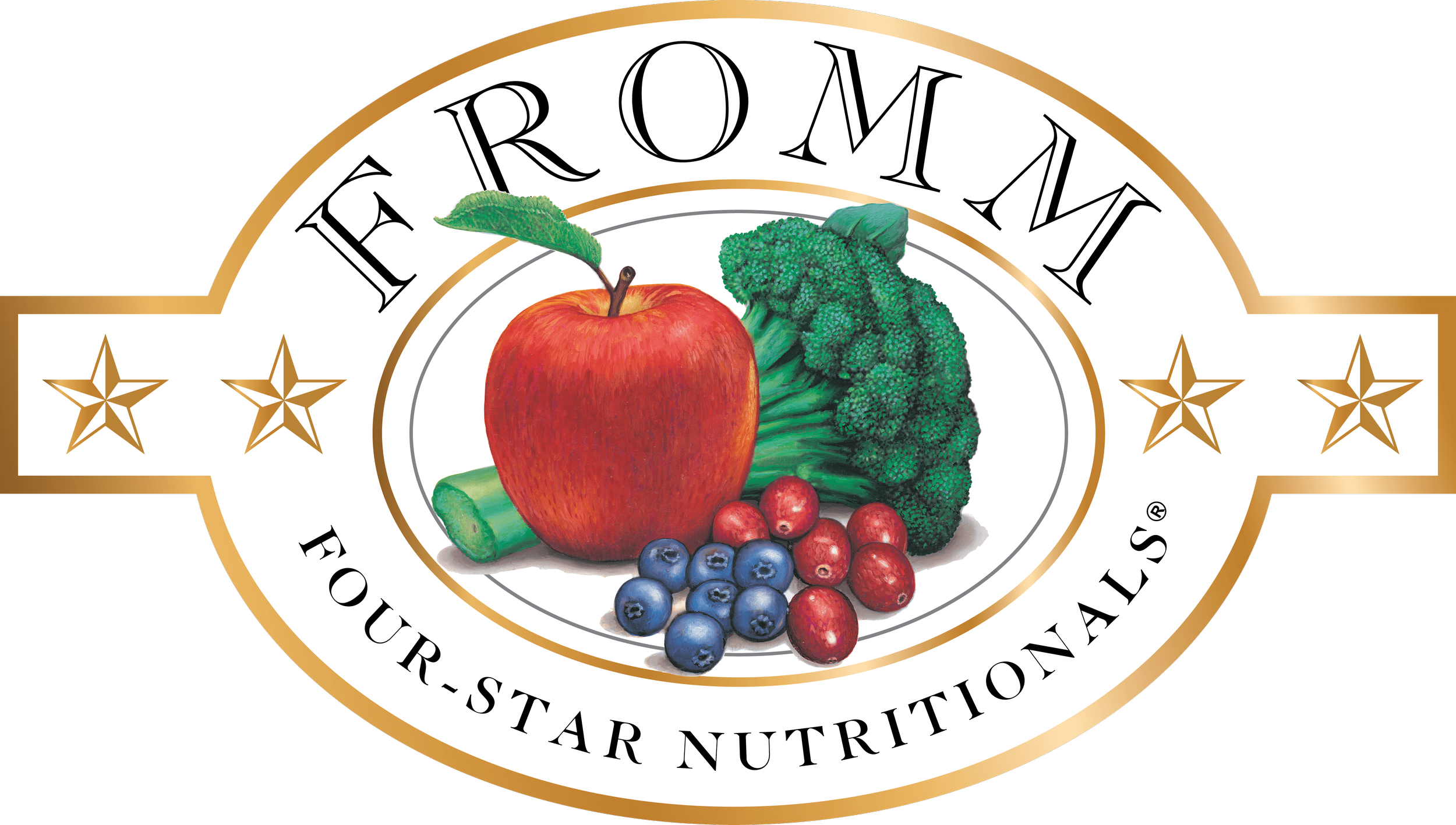Vegetables and fruits, including an apple, broccoli, blueberries, and red berries, on a label for Farmer Romi, Four-Star Nutritionals.