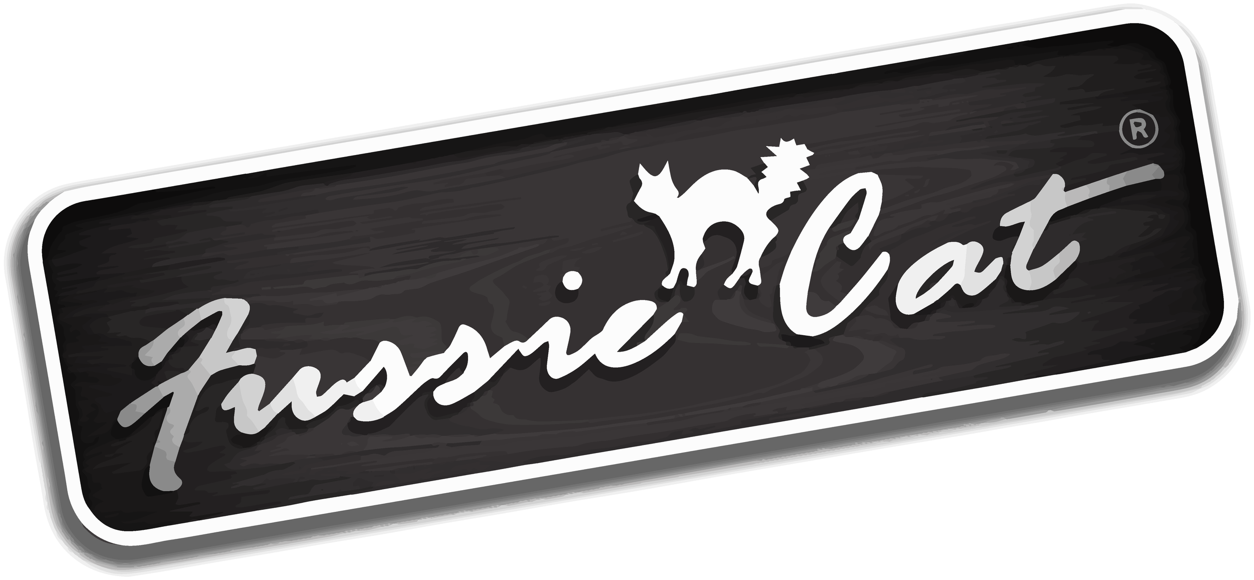 Stylized logo of a black wooden sign with white border reading 'Fussie Cat' in cursive, with a cartoon gray cat perched on top.