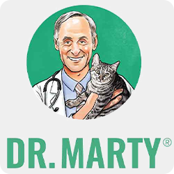 Illustration of a male veterinarian holding a gray tabby cat, with the text 'DR. MARTY' below.