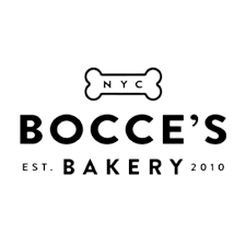 Logo for Bocce's Bakery featuring a dog bone with 'NYC' inside, and text reading 'Bocce's Bakery Est. 2010'