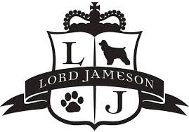 A crest with a crown on top, divided into four sections: a book and a dog in the top, 'L' and 'J' in the bottom, and a paw print in the lower left. The banner across reads 'Lord Jameson'.