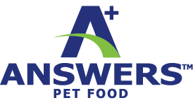 Logo for Answers Pet Food featuring a stylized letter A+ with a green swoosh