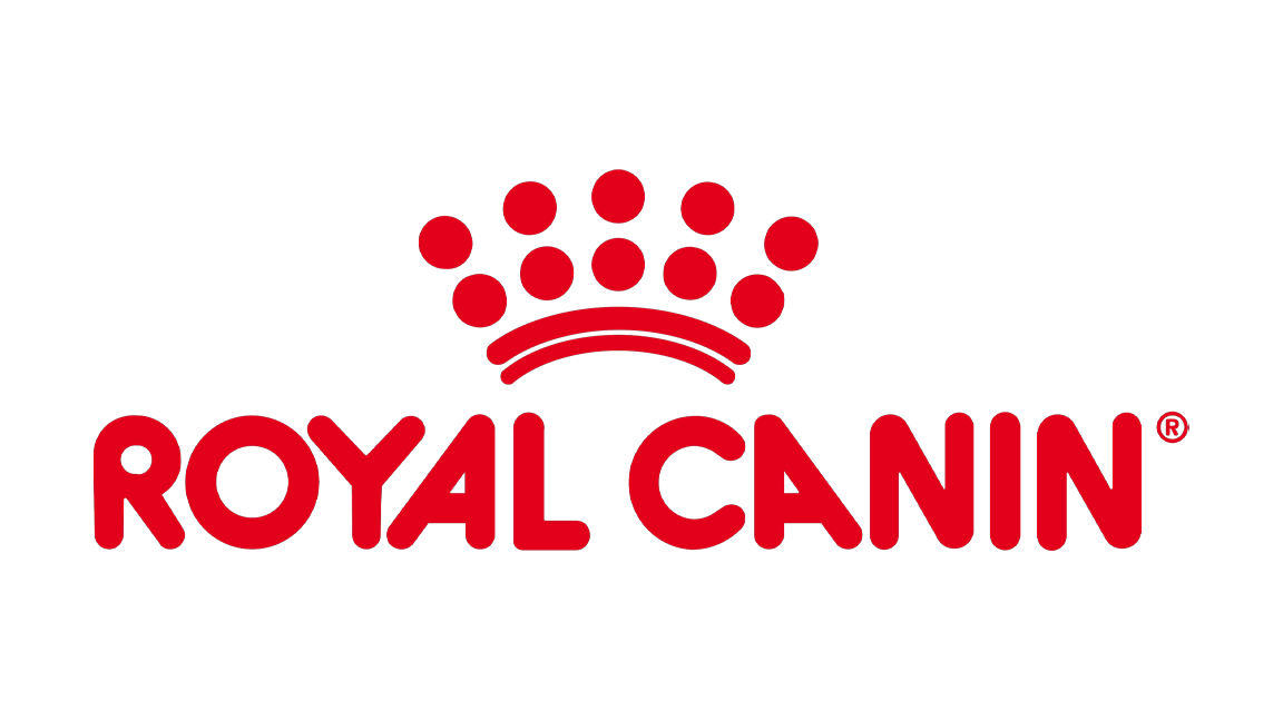 Royal Canin logo with a red crown symbol and bold red text on a black background.