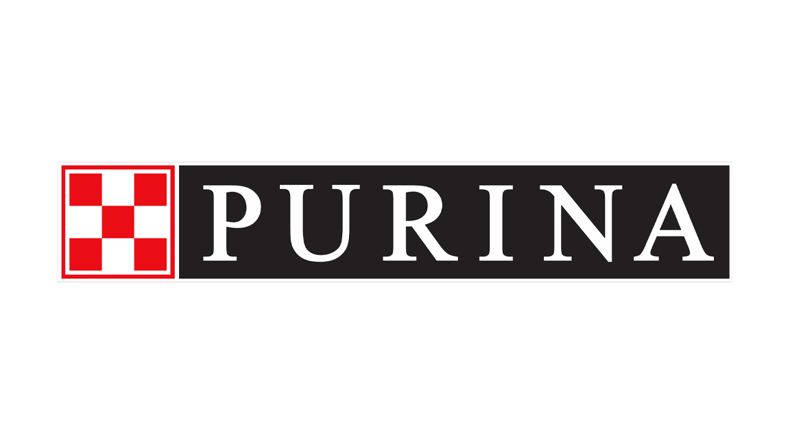 Purina logo with red and white checkered symbol and black background with white text