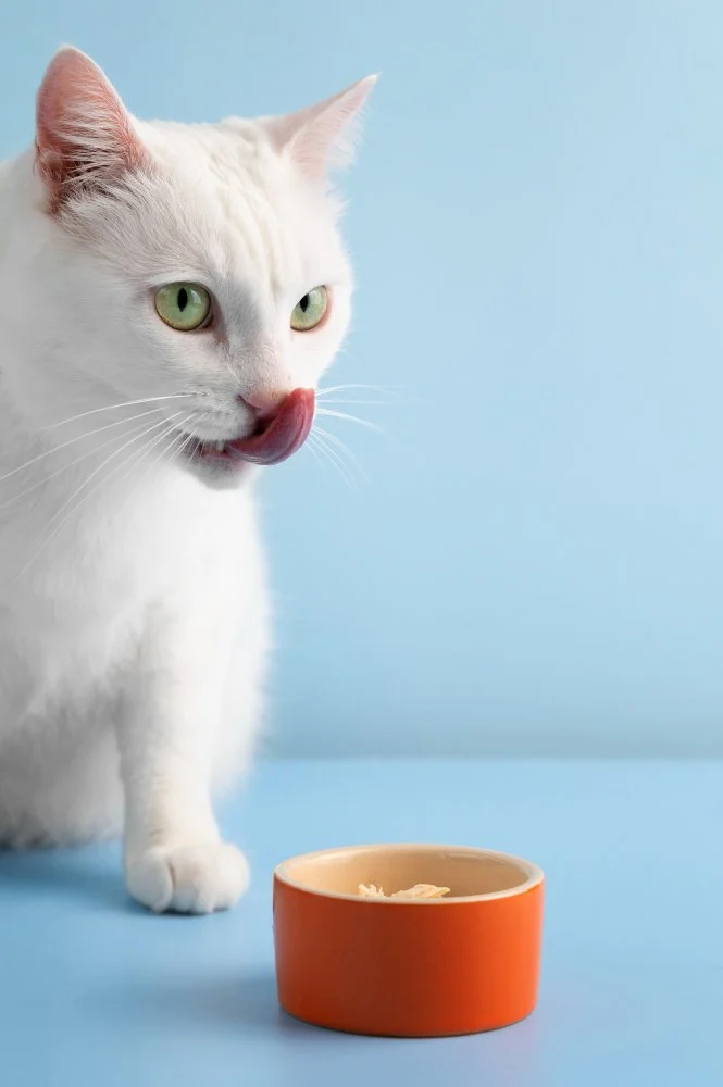 White cat with green eyes licking its nose in front of an empty orange bowl on a blue background.