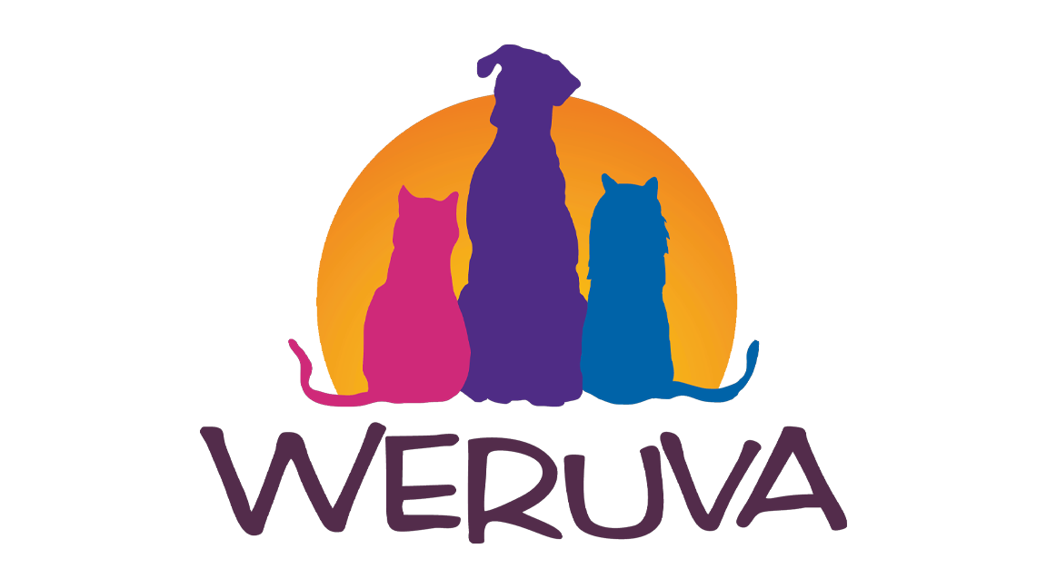 Silhouettes of a pink cat, purple dog, and blue cat sitting in front of an orange sunset with a black background; below them is the word "WERUVA" in purple text.