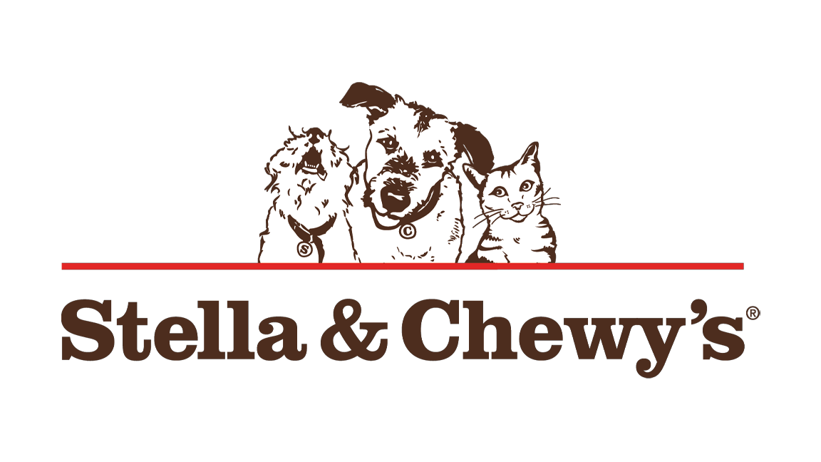 Illustration of three pets: a dog, a cat, and a small dog, above the text "Stella & Chewy's" on a black background.