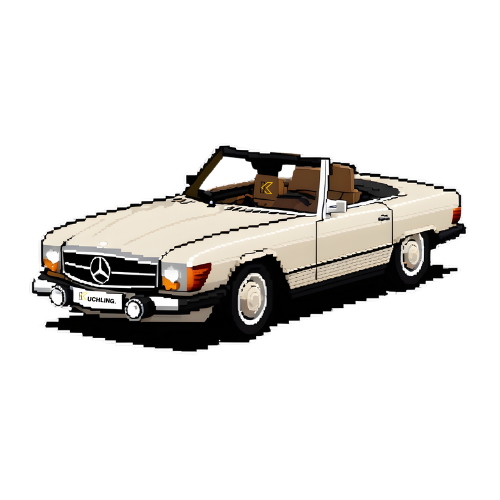 Ein weißer Mercedes-Benz Oldtimer Cabrio mit braunen Sitzen und offenem Dach vor schwarzem Hintergrund.
