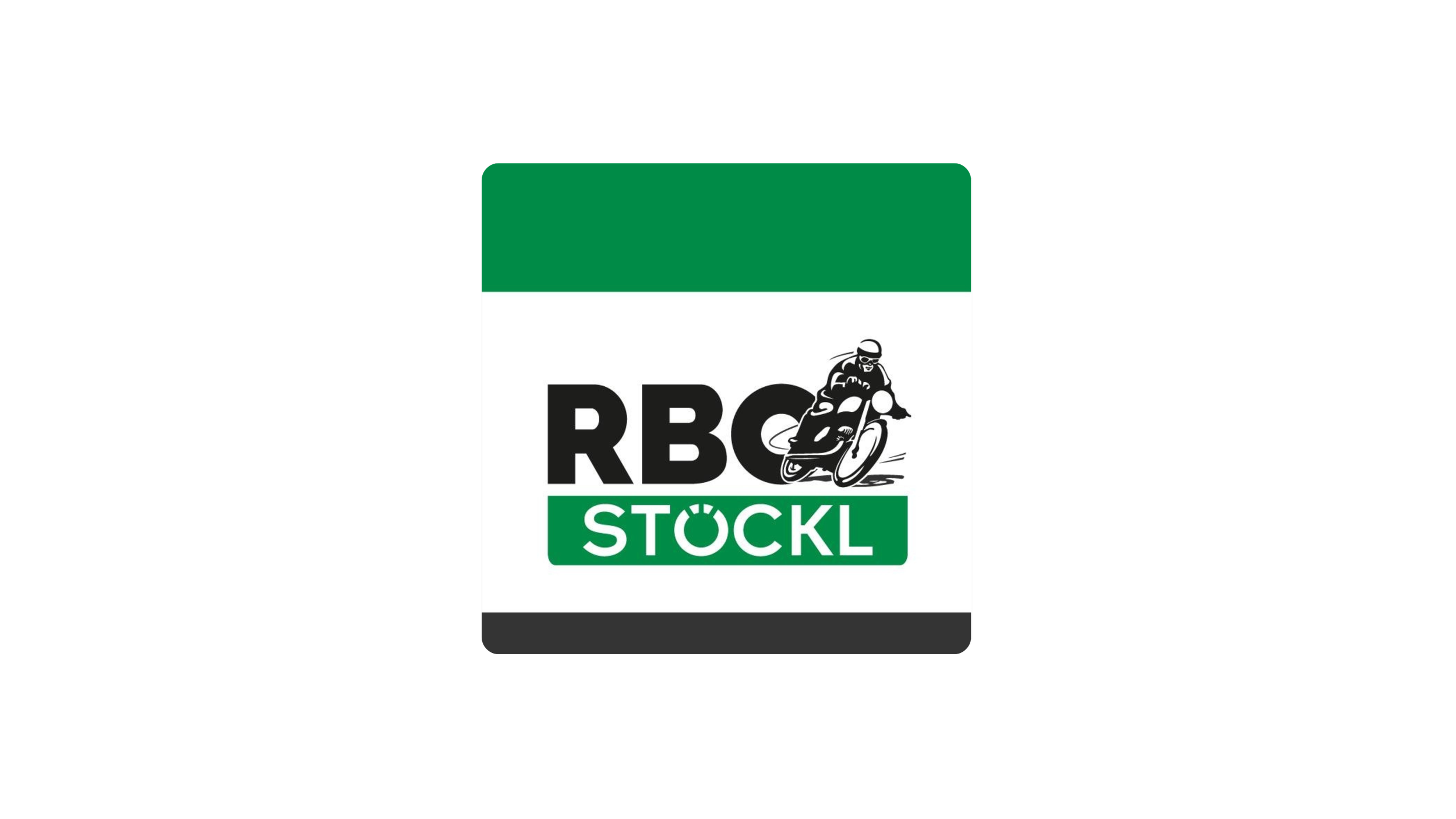Logo des Supermarkts RBC Stöckl, mit einem grünen und weißen Design, einem stilisierten Motorradfahrer und dem Text 'RBC Stöckl'.