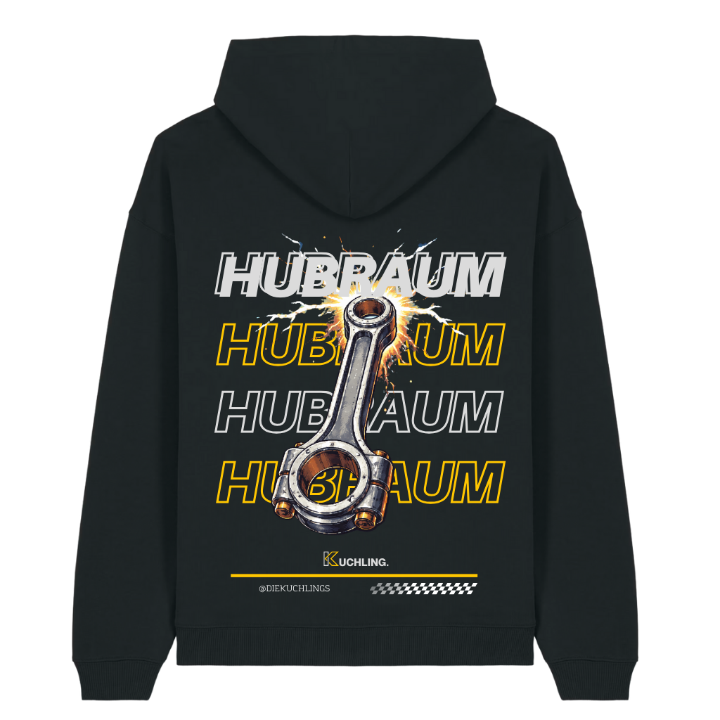 Ein schwarzer Hoodie mit einem grafischen Design, das einen Kolben in Originalgröße mit Blitz- und Explosions-effekten zeigt, umgeben von mehrfachem Text, der 'HUBRAUM' in weißen und gelben Schriftarten wiederholt.