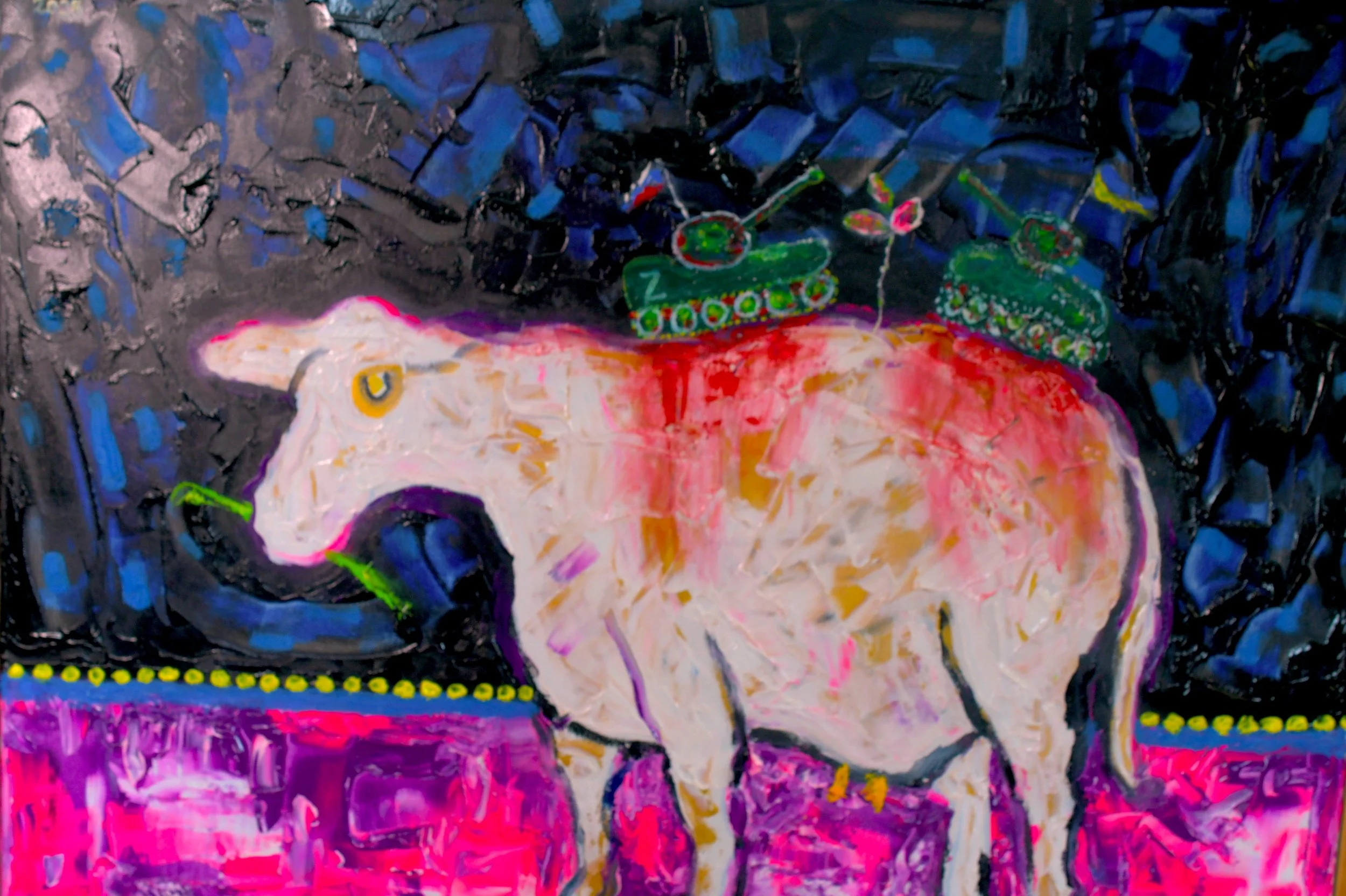 Moo Cow & Tanks on Animal Farm in Europe (2024) Mixed media on canvas [50X80cm] 2000US