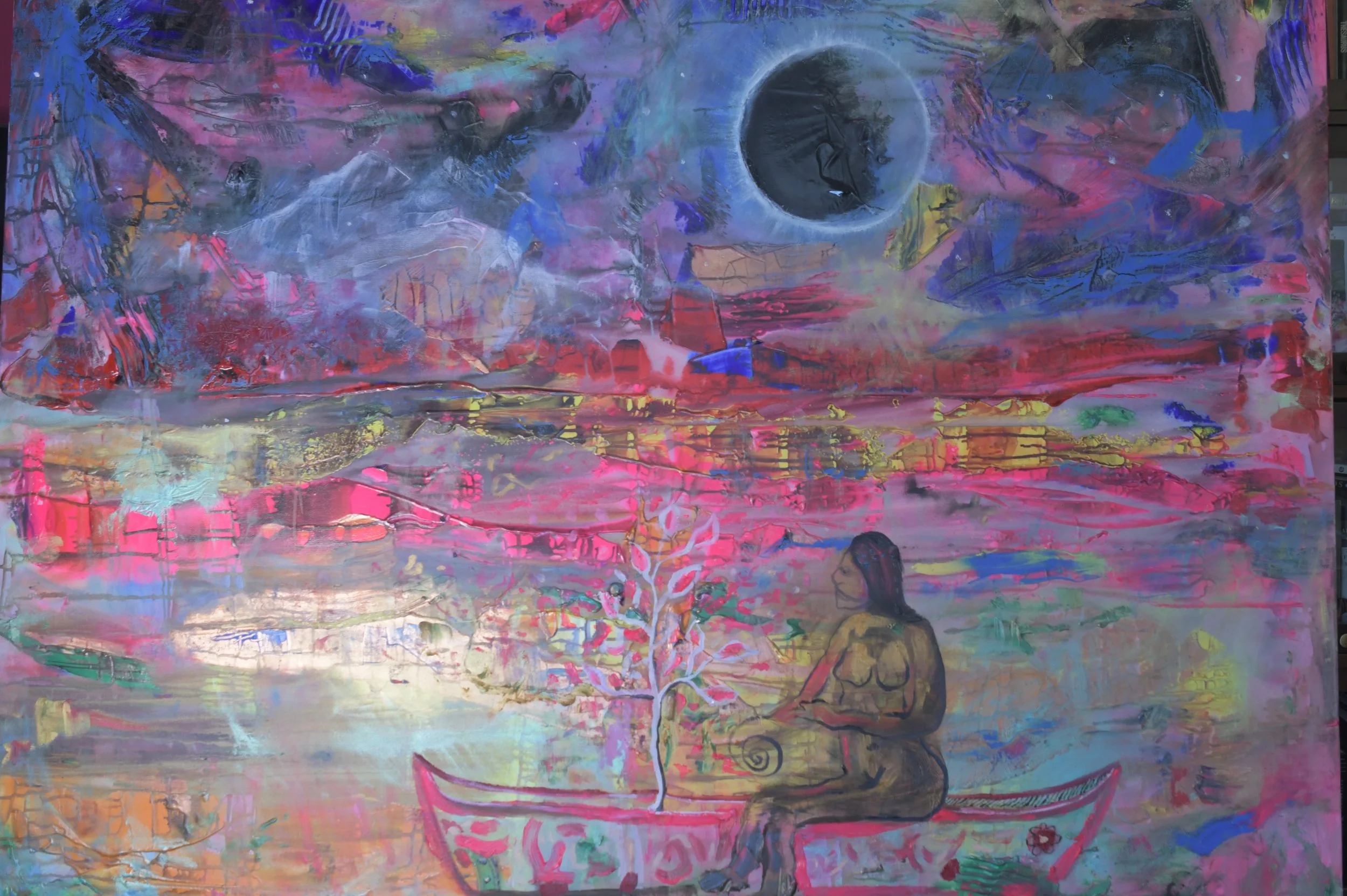She paddles from Bali to the Moon with the Sacred Singing Tree (2024) Mixed media on canvas [150X200cm] 10,000US (sold)