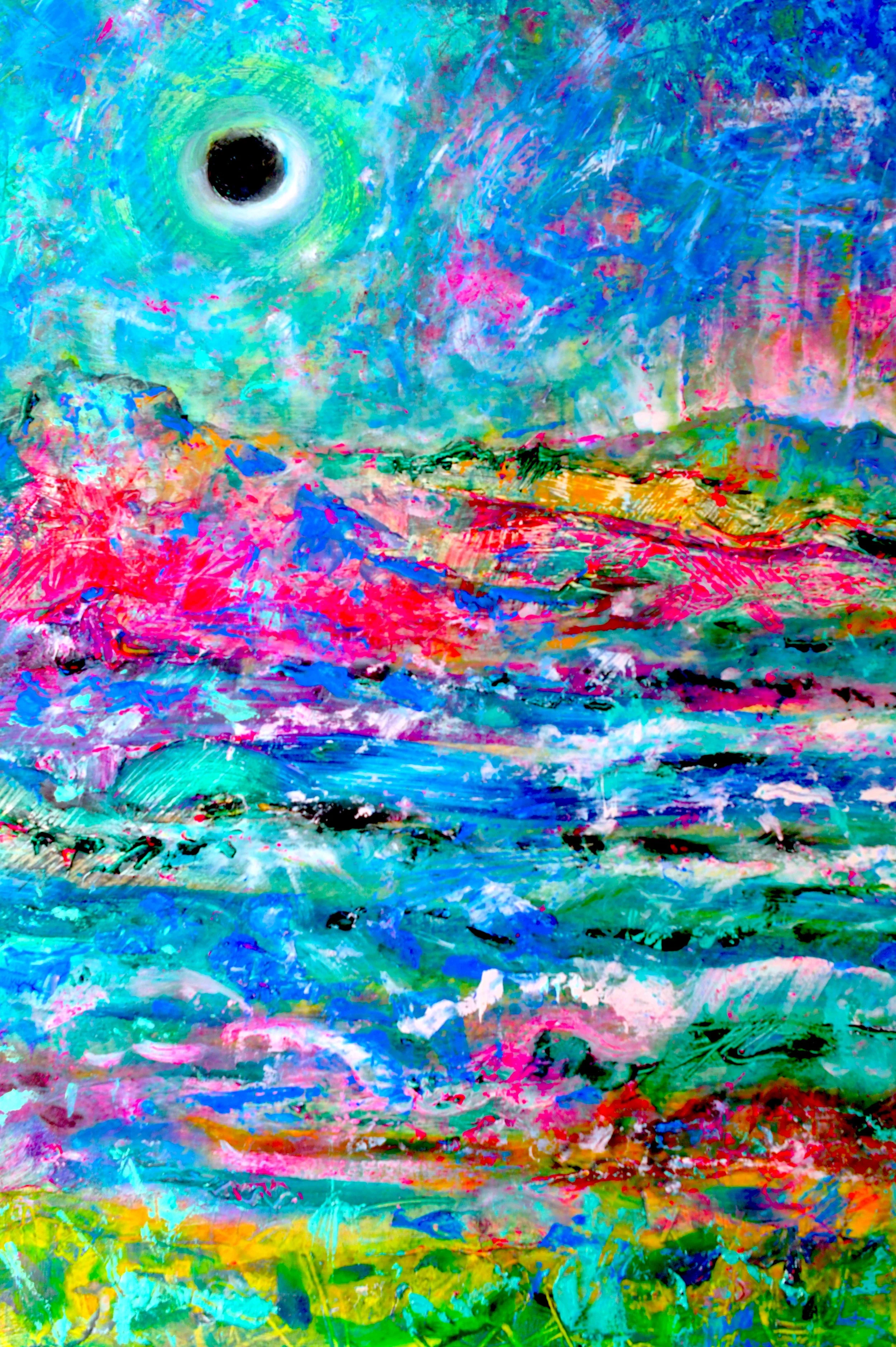 Partial Eclipse in Ramea, NL (2025) Mixed media on wooden panel [25X 55cm]. 500US (sold)