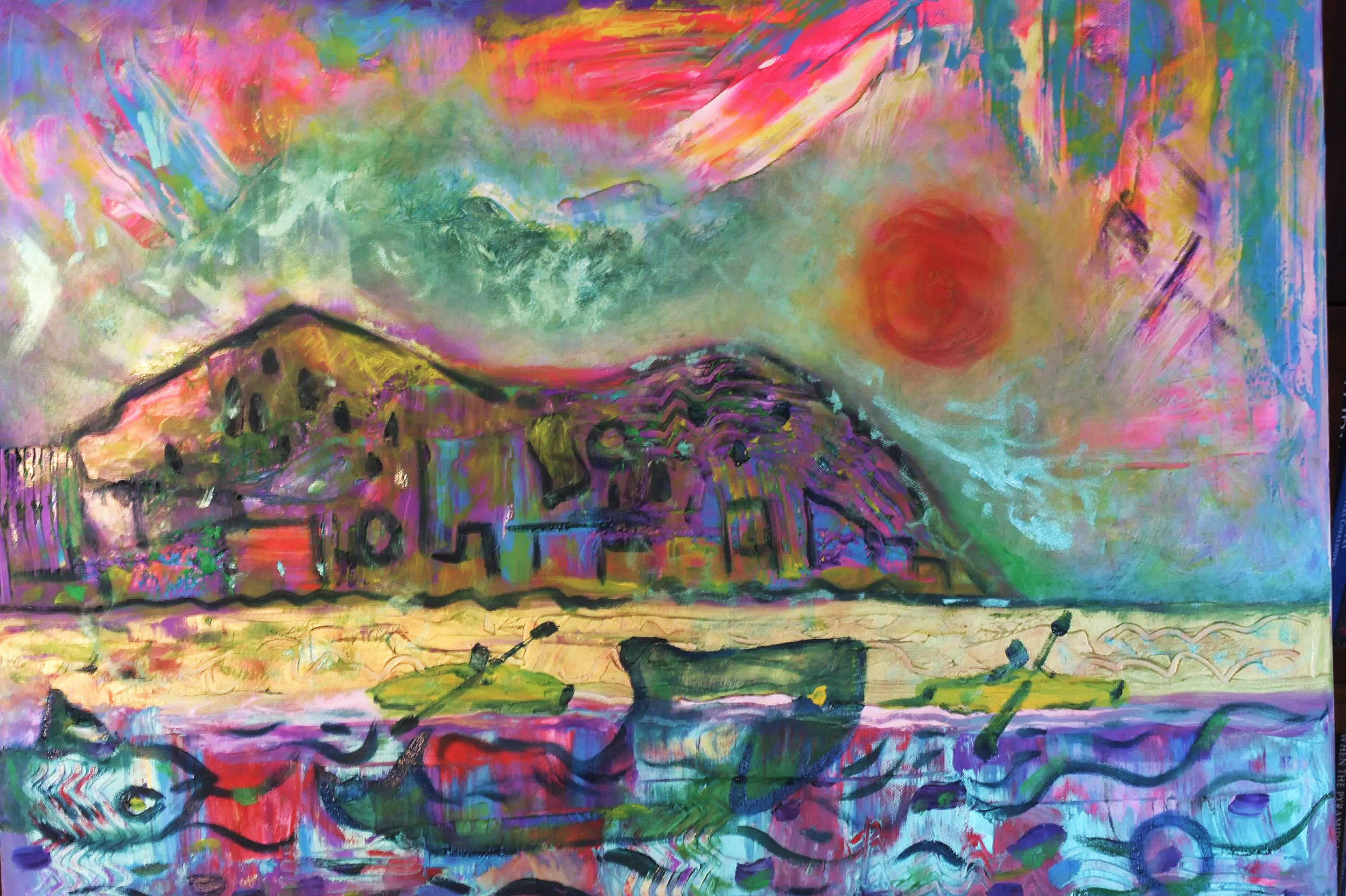 Kayakers and Green Whale near Big Island, Ramea, NL. (2024) Mixed media on canvas [50X80cm] 2000US