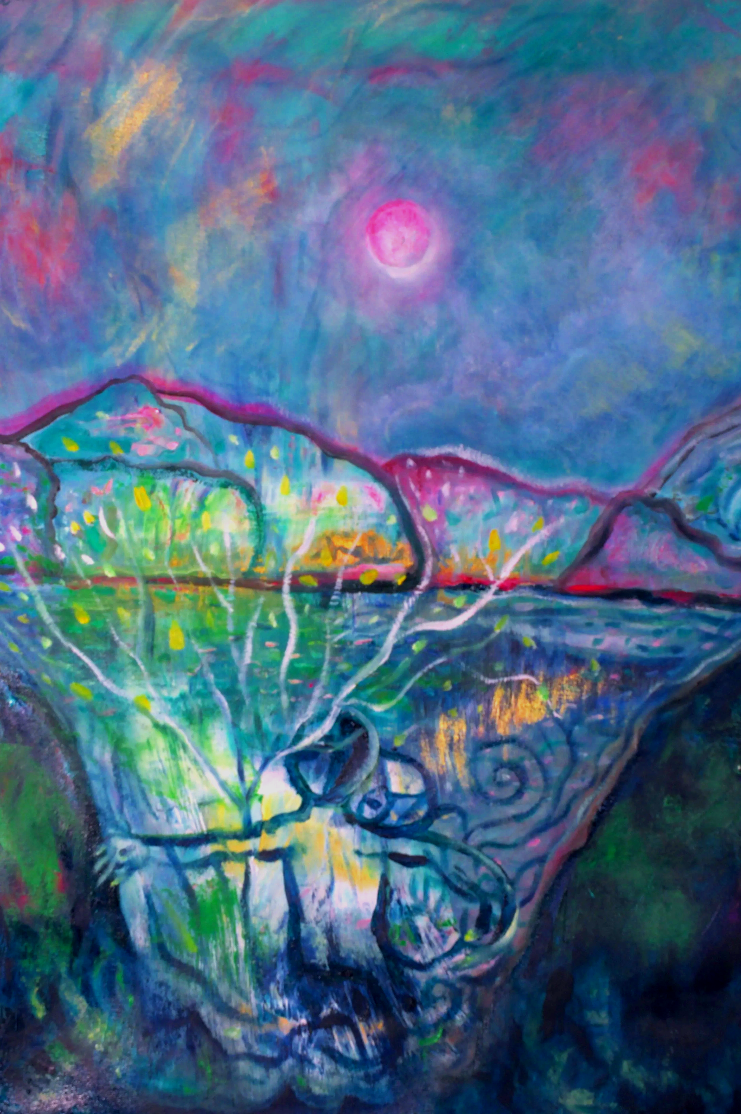 Lobster Man and Pink Moon (2025) Mixed media on canvas [40X80cm] 2000US