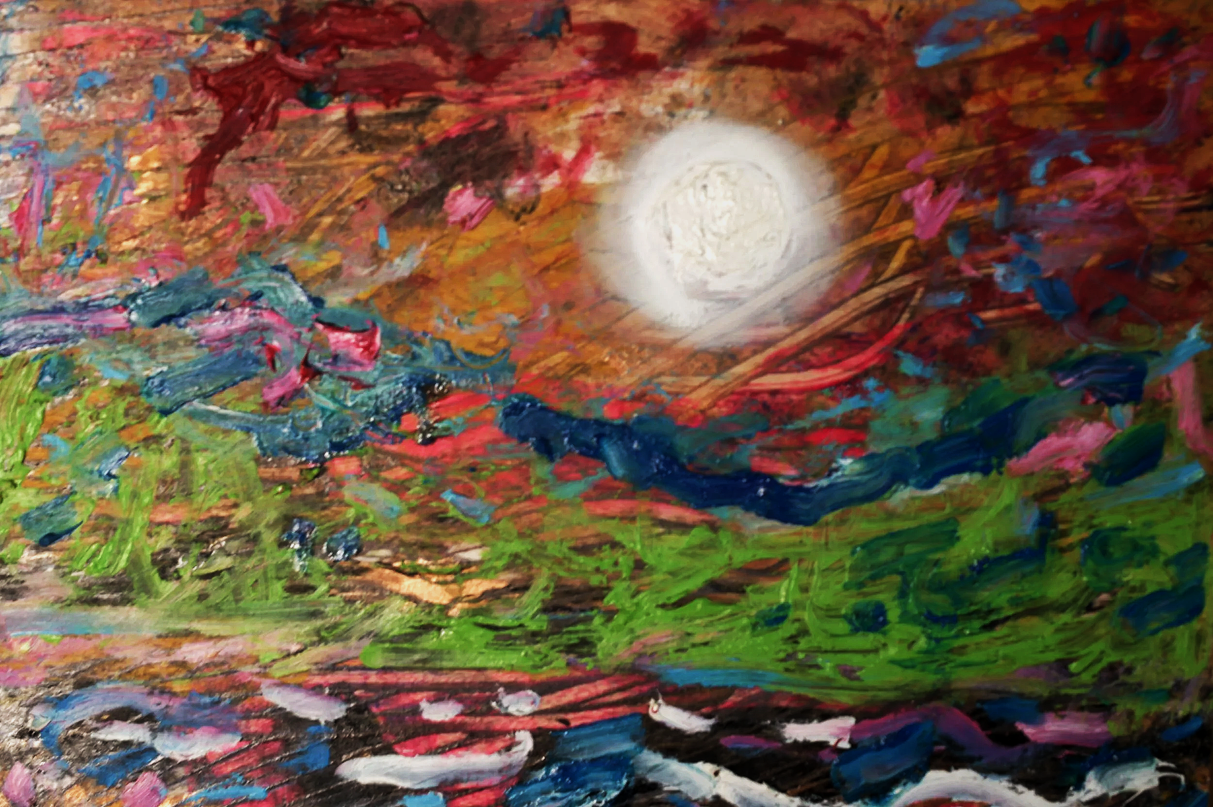 Full Moon over Ramea (2024) Mixed media on wooden panel [15X35]. 500US