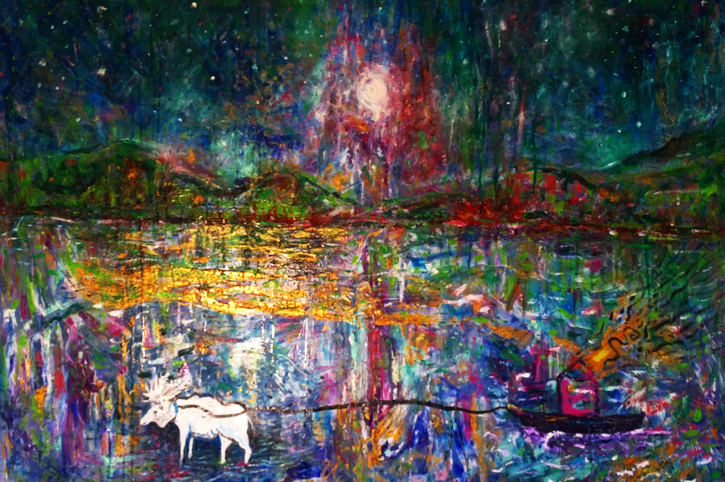 Albino Moose pulling a cabin on fire in Canada (2026) [mixed media on canvas: 200X300cm]. 5000US