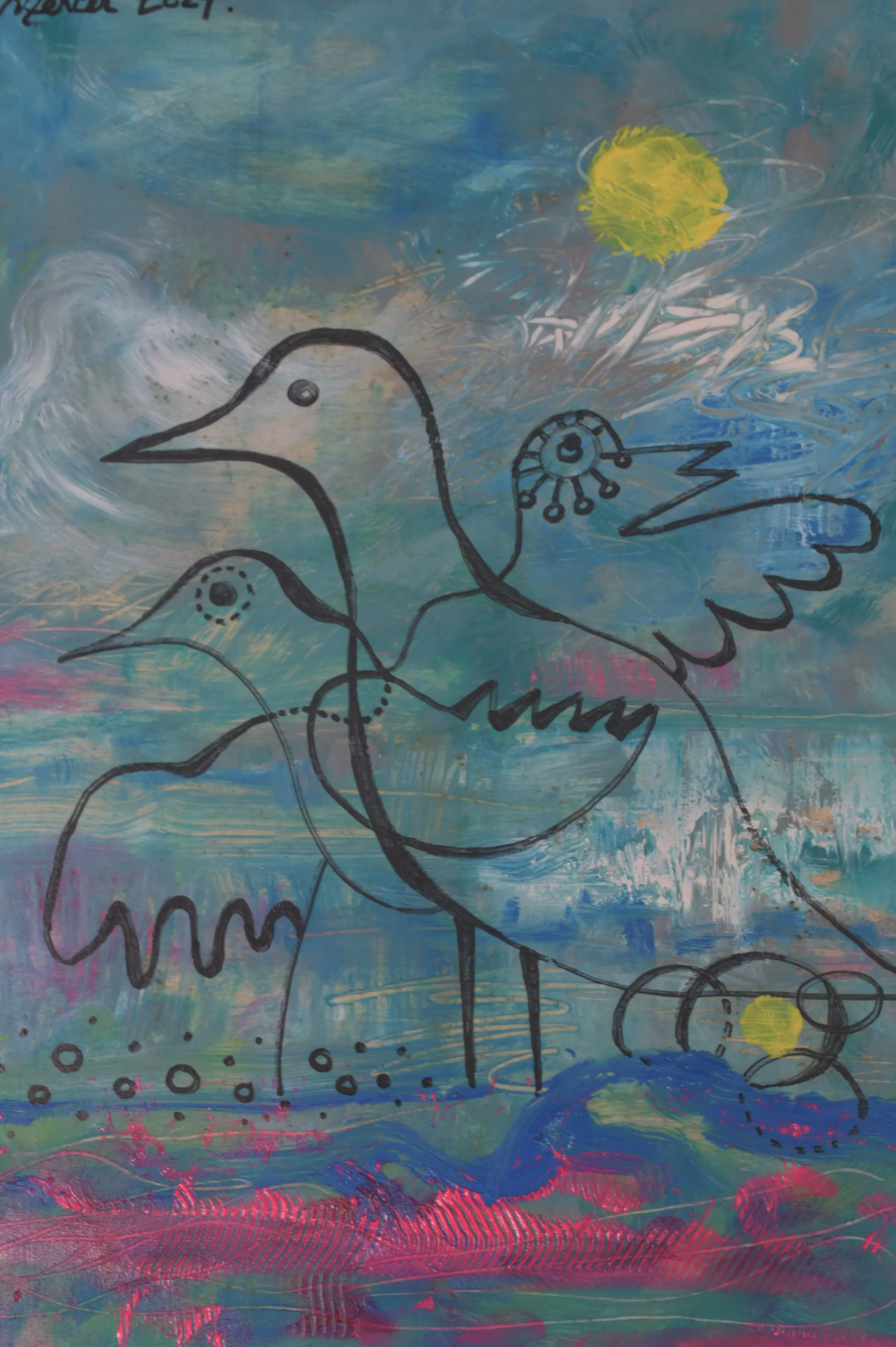 Island Sun Birds listening to the rain in Spring (2024) Mixed media on wooden panel [20X40cm]. 1000US