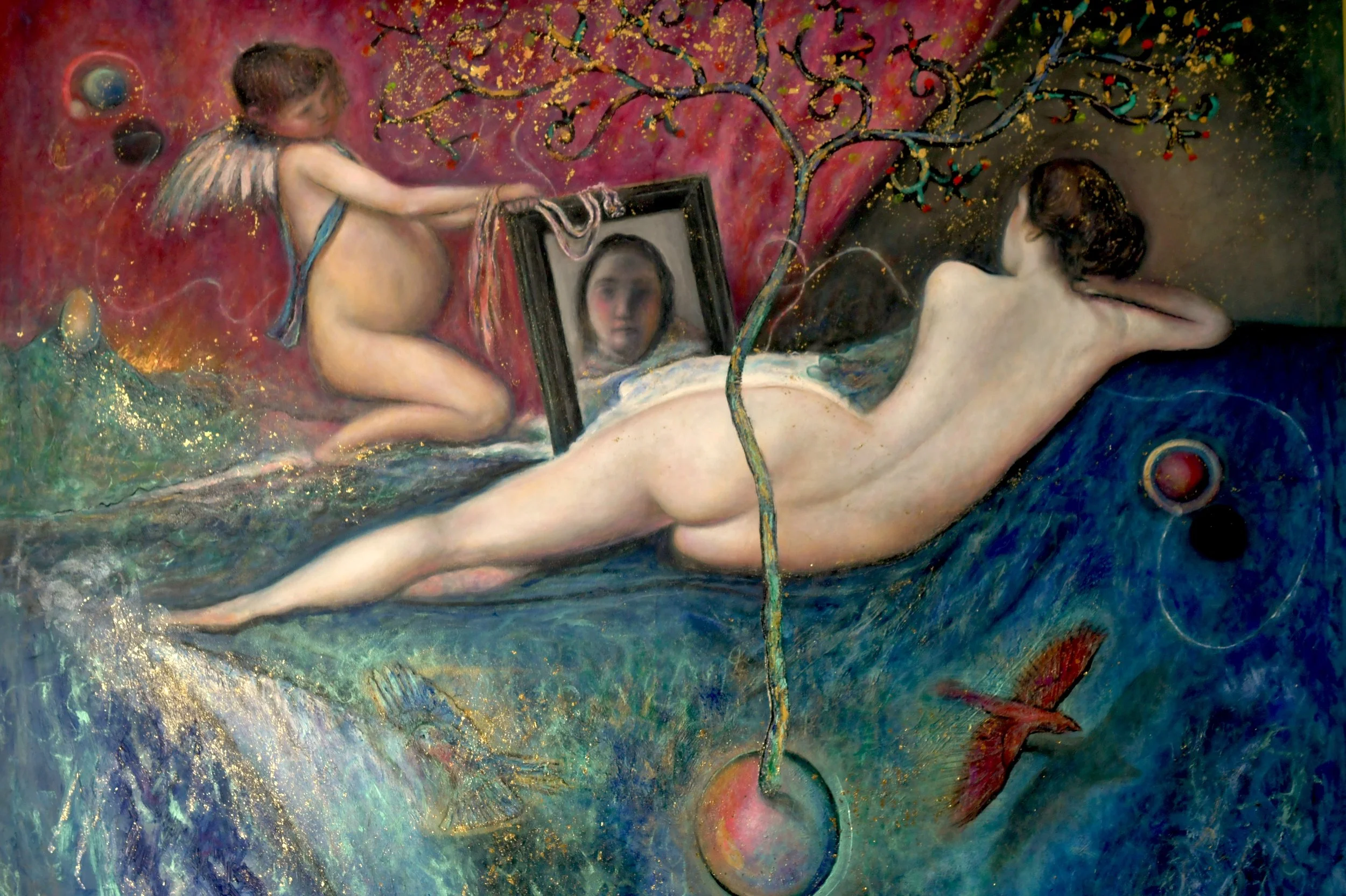 Venus at her Mirror:  Quantum Entanglement (2025) Mixed media on canvas [300X600cm]. 25,000US