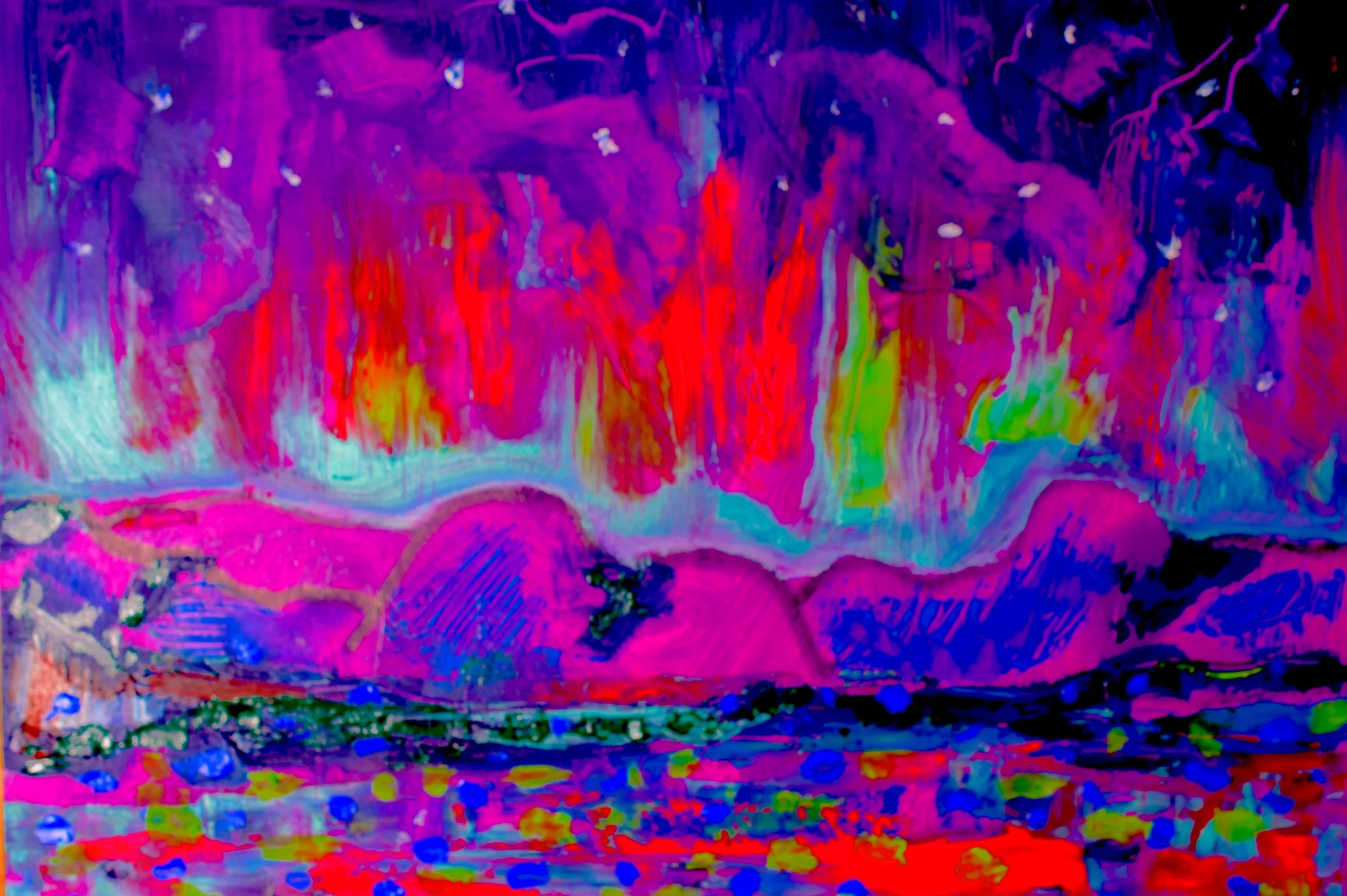 Dancing Night of Neon Light in Newfoundland (2024) Mixed media on wooden panel [30X65cm] 1000US (sold)